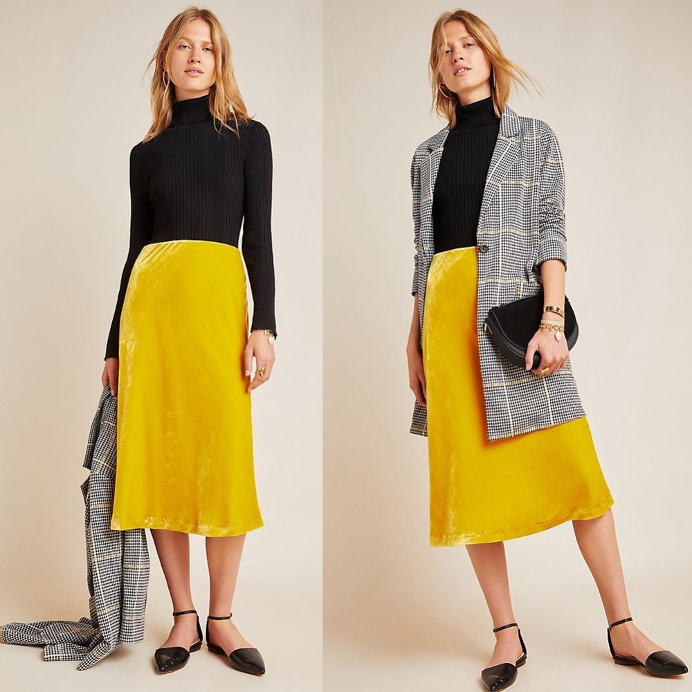 NWT Anthropologie Kelly yellow velvet midi skirt